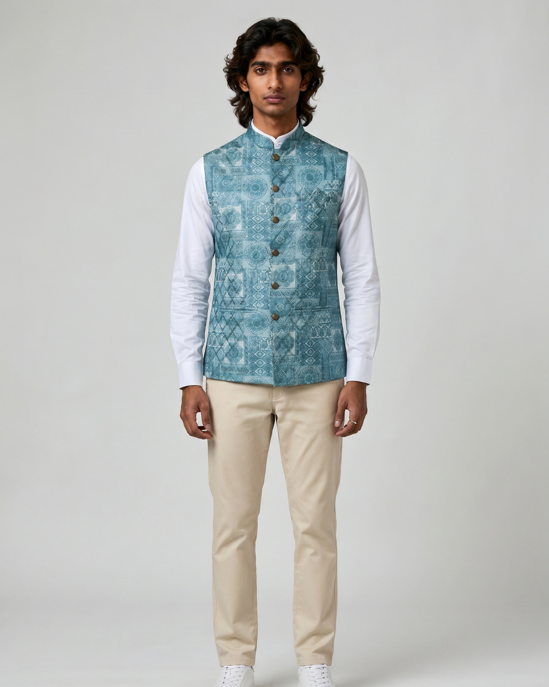 Bagh Ocean Blue Mosaic Style Mens Indian Waistcoat