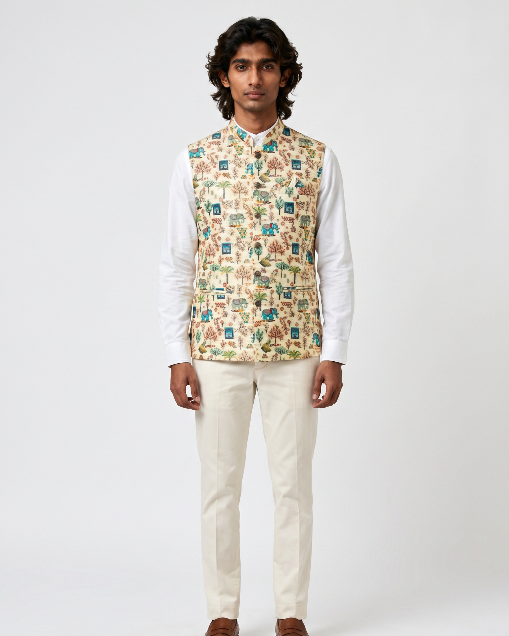 Haathi Ivory Printed Design Mens Indian Waistcoat