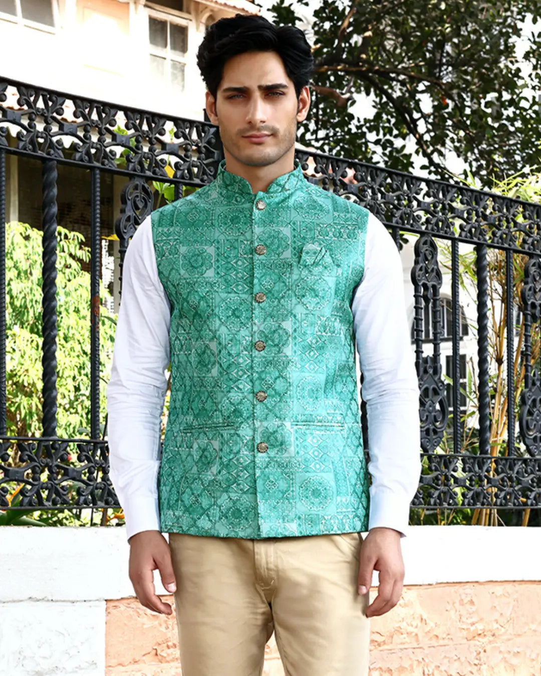 Bagh Sea Green Mosaic Style Mens Indian Waistcoat Indicoat