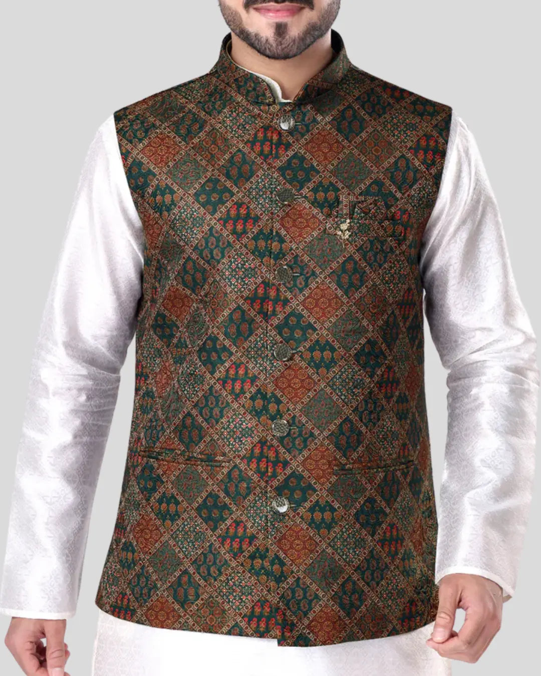 Mirage Teal Printed Mens Indian Waistcoat Indicoat