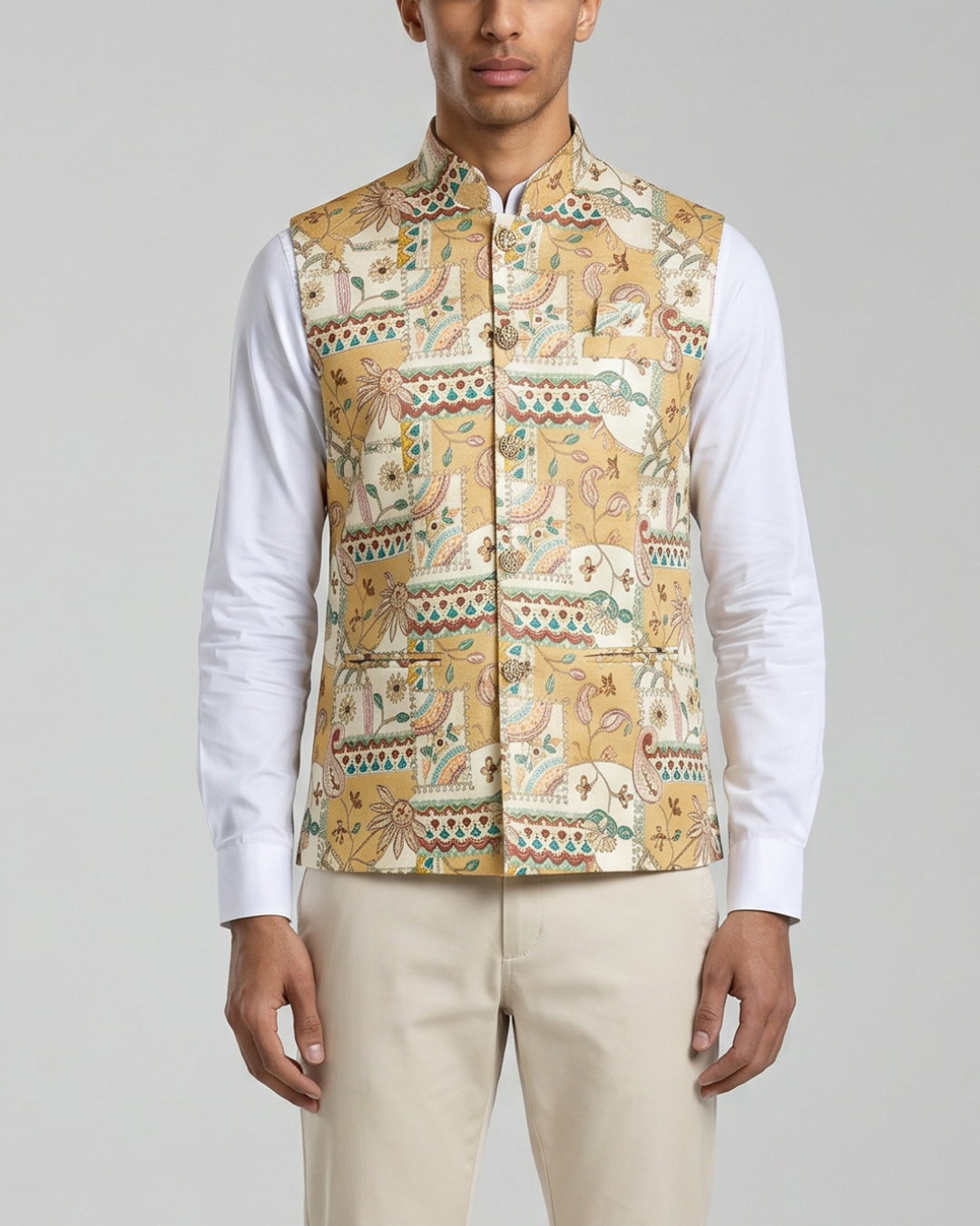 Sundar Garden Yellow Printed Floral Mens Indian Waistcoat