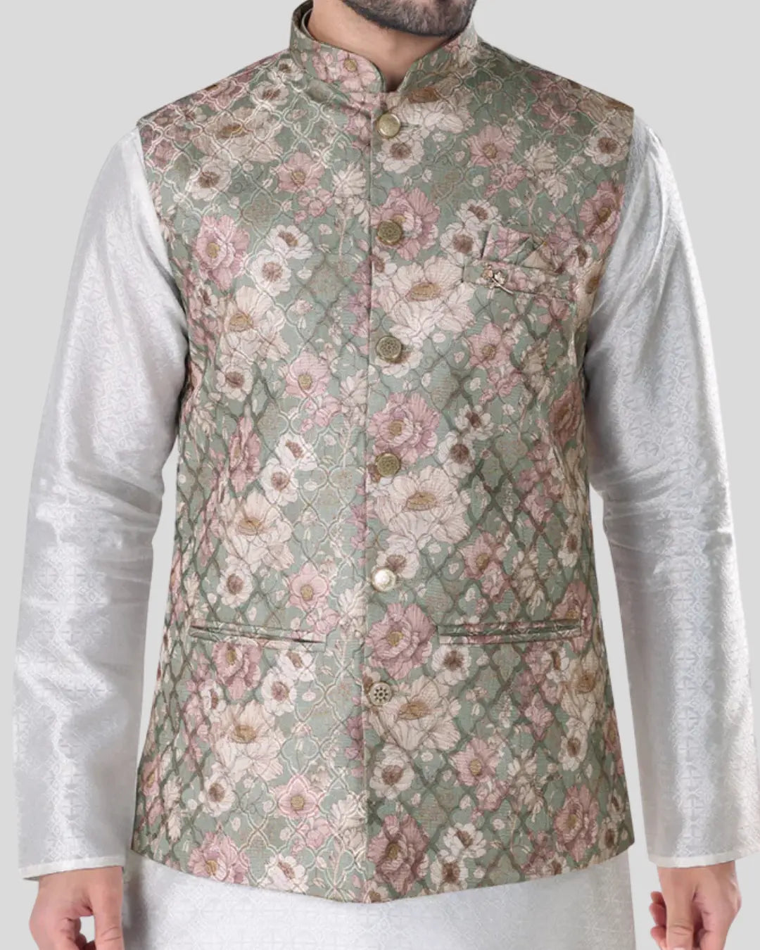 Sage Bloom Floral Mens Indian Waistcoat Indicoat