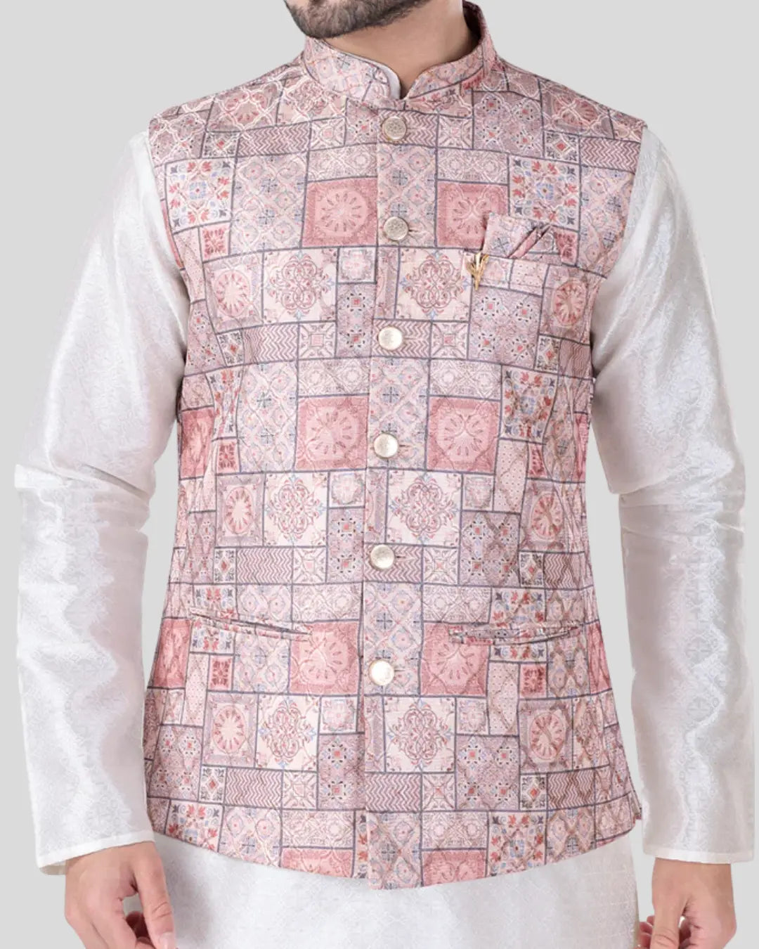 Mauve Frame Printed Mens Indian Waistcoat Indicoat
