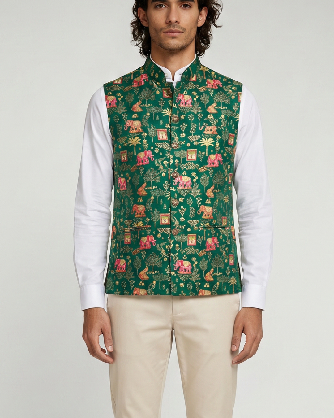 Haathi Forest Green Mens Indian Waistcoat