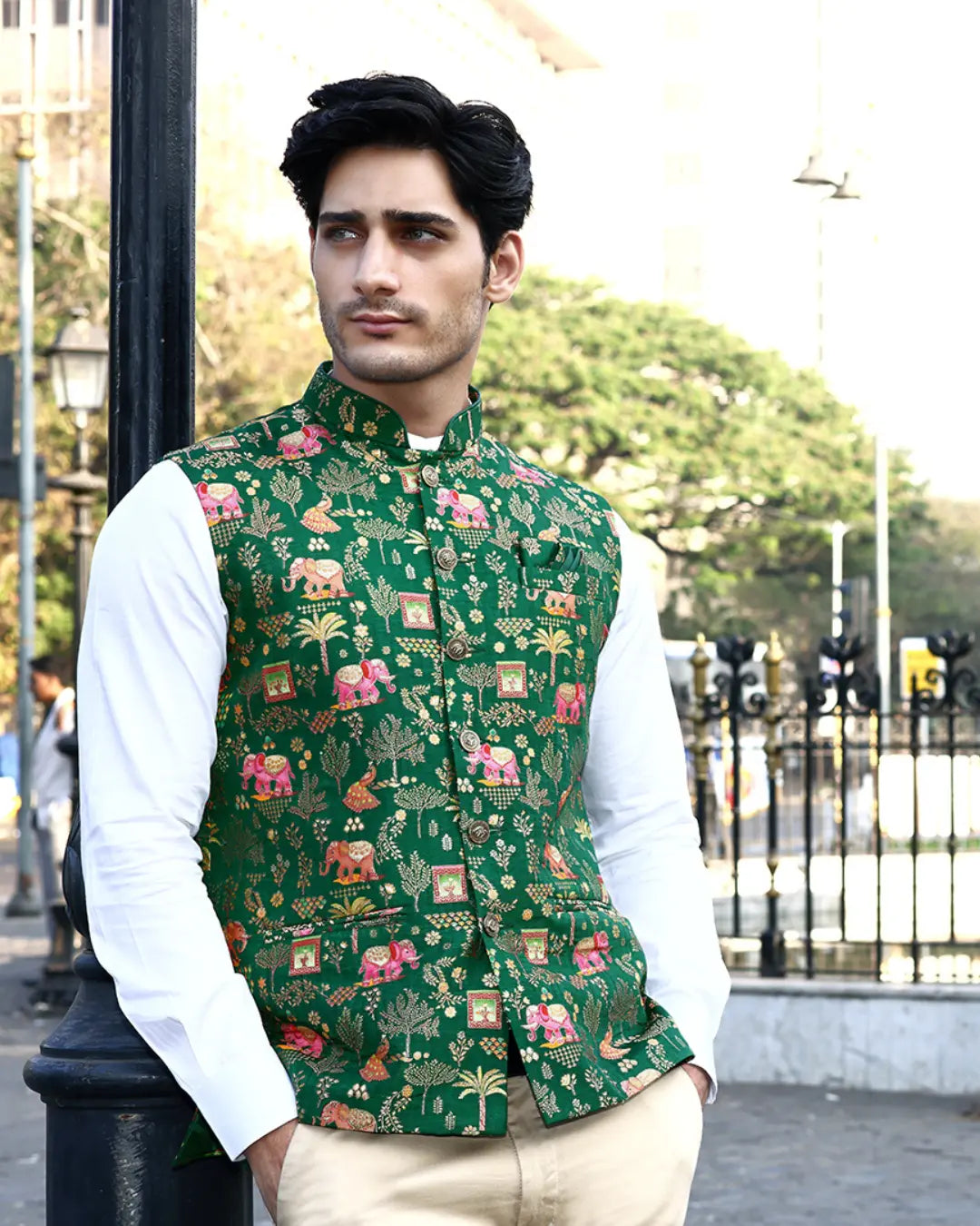 Haathi Forest Green Mens Indian Waistcoat Indicoat