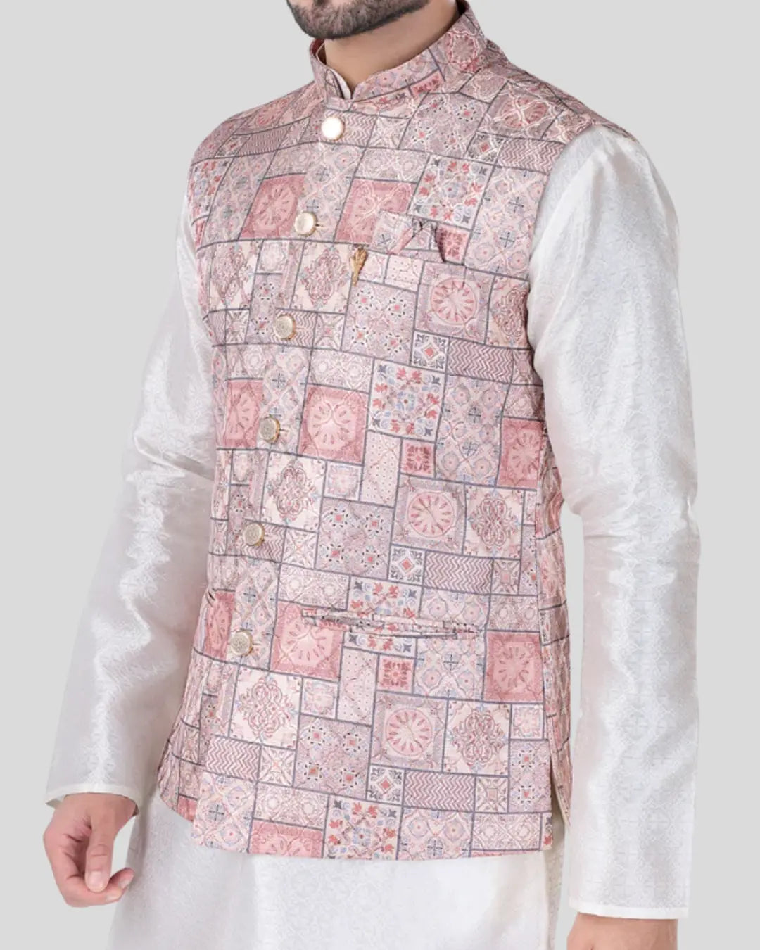 Mauve Frame Printed Mens Indian Waistcoat Indicoat