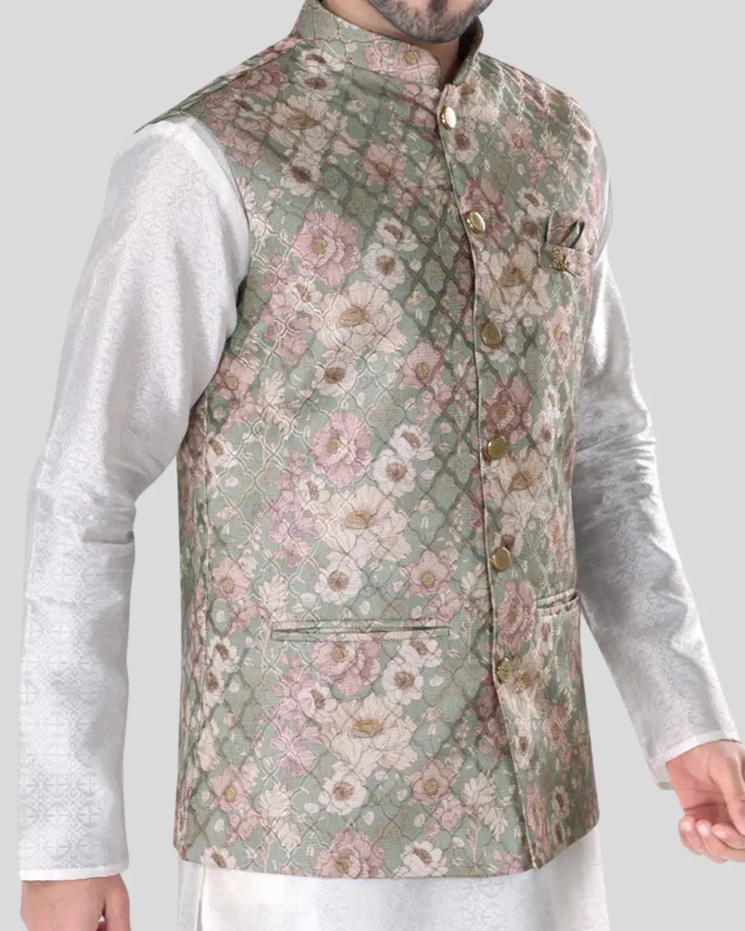 Sage Bloom Floral Mens Indian Waistcoat Indicoat