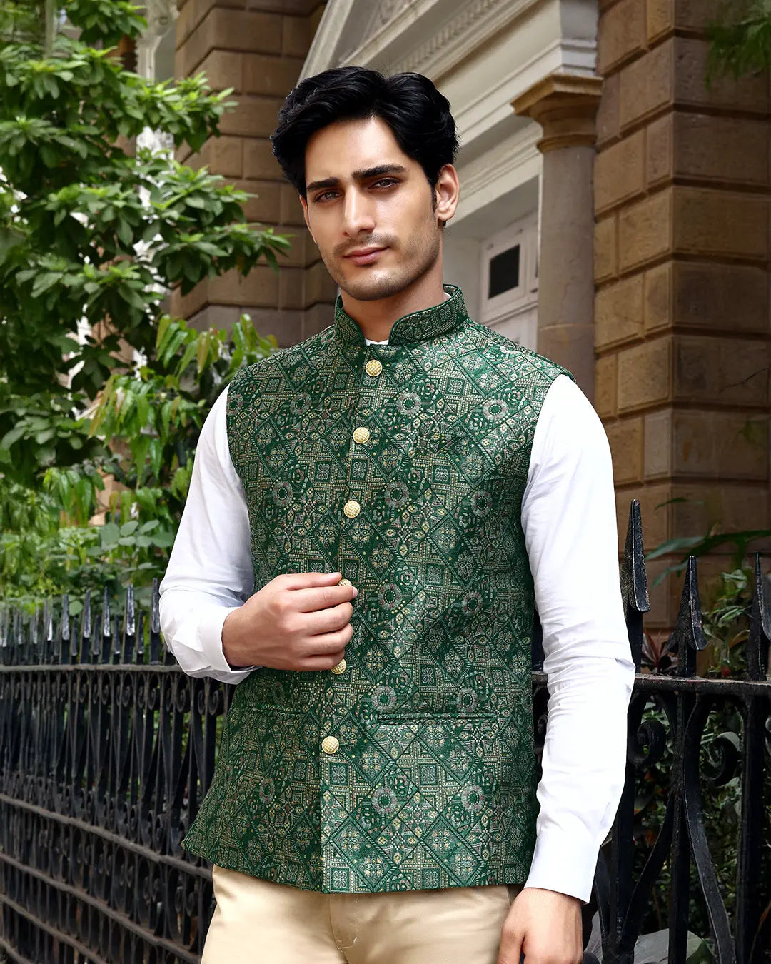 Vana Green Printed Design Mens Indian Waistcoat Indicoat