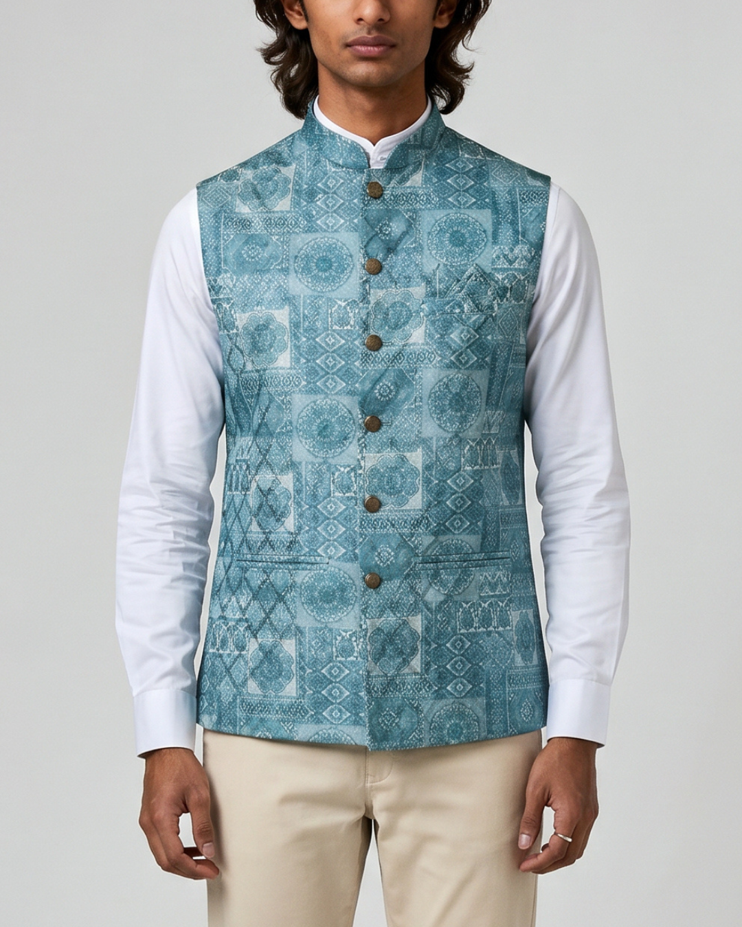 Bagh Ocean Blue Mosaic Style Mens Indian Waistcoat