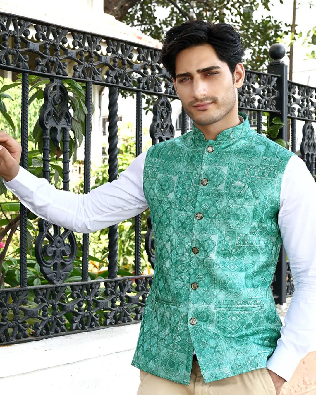 Bagh Sea Green Mosaic Style Mens Indian Waistcoat Indicoat