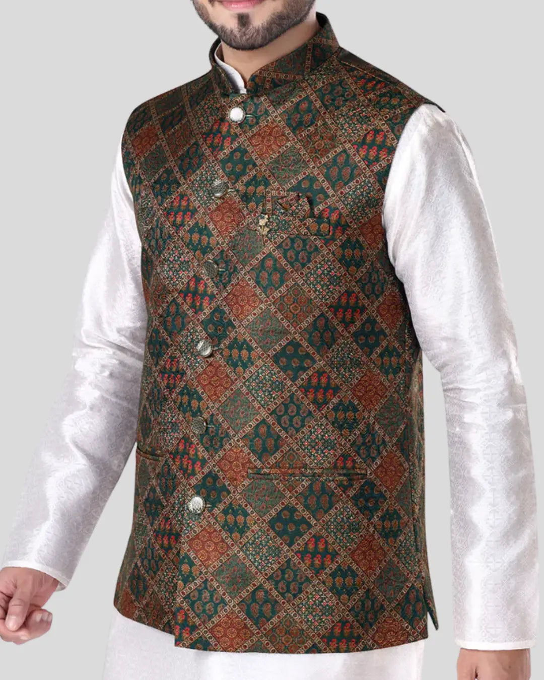 Mirage Teal Printed Mens Indian Waistcoat Indicoat