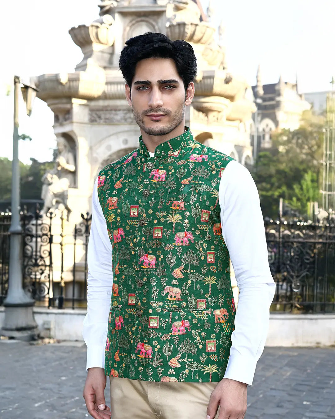 Haathi Forest Green Mens Indian Waistcoat Indicoat