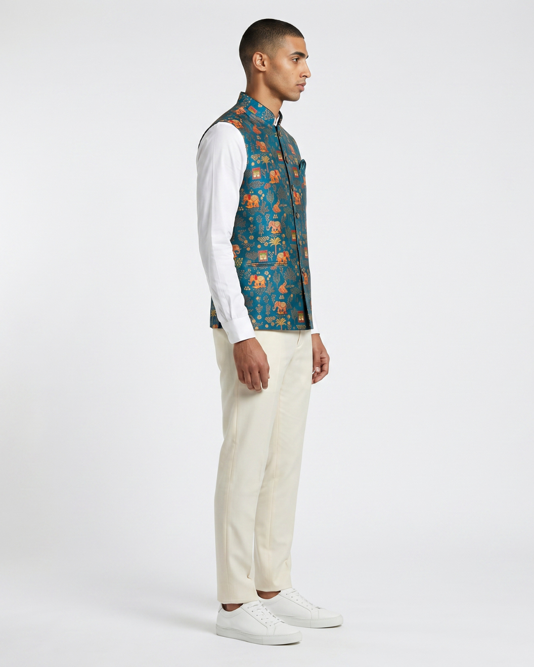 Haathi Royal Blue Printed Design Mens Indian Waistcoat