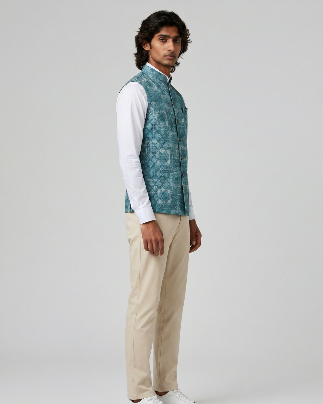 Bagh Ocean Blue Mosaic Style Mens Indian Waistcoat