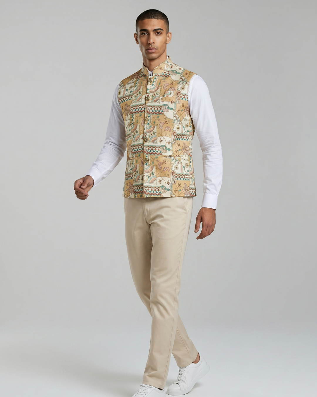 Sundar Garden Yellow Printed Floral Mens Indian Waistcoat