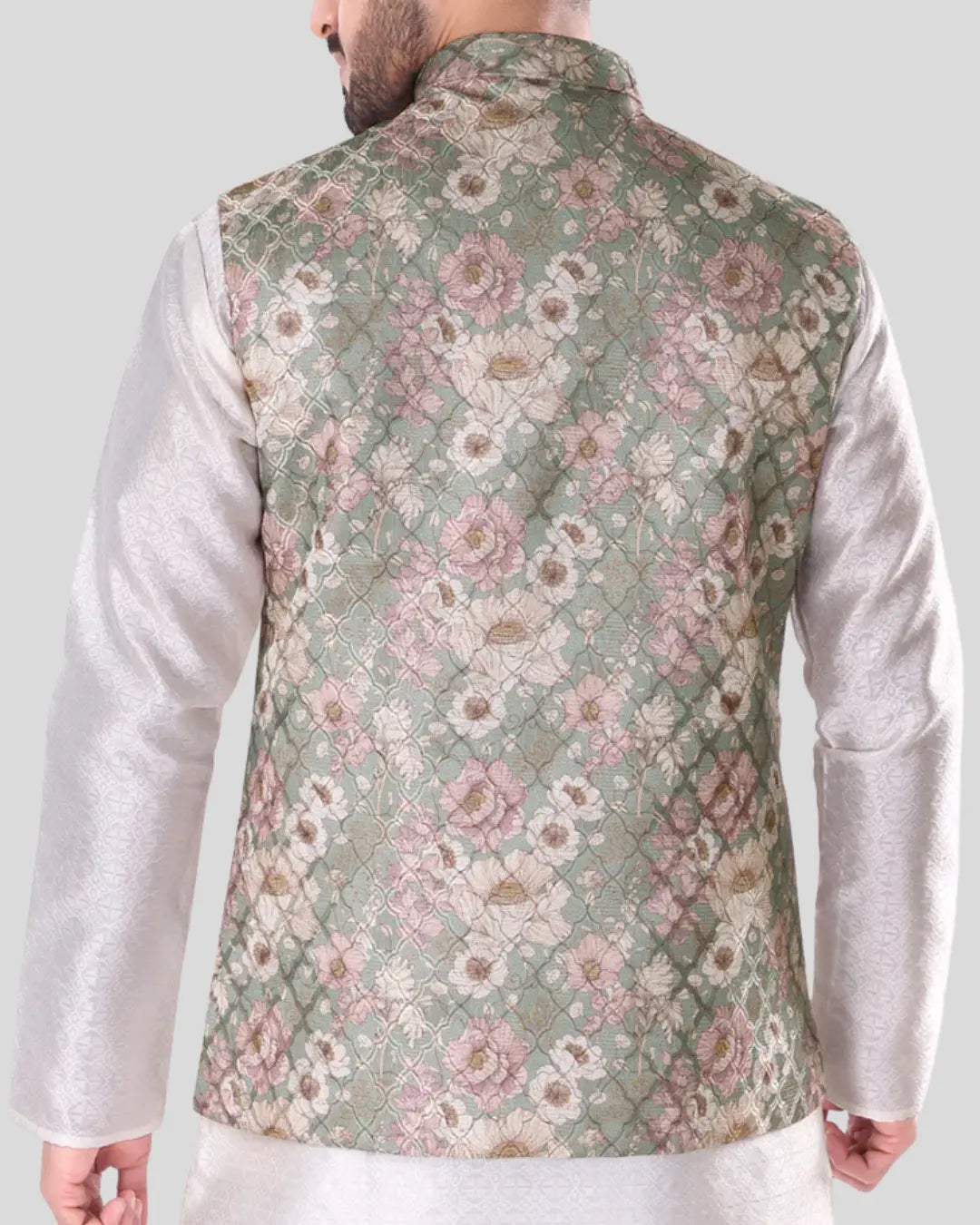 Sage Bloom Floral Mens Indian Waistcoat Indicoat