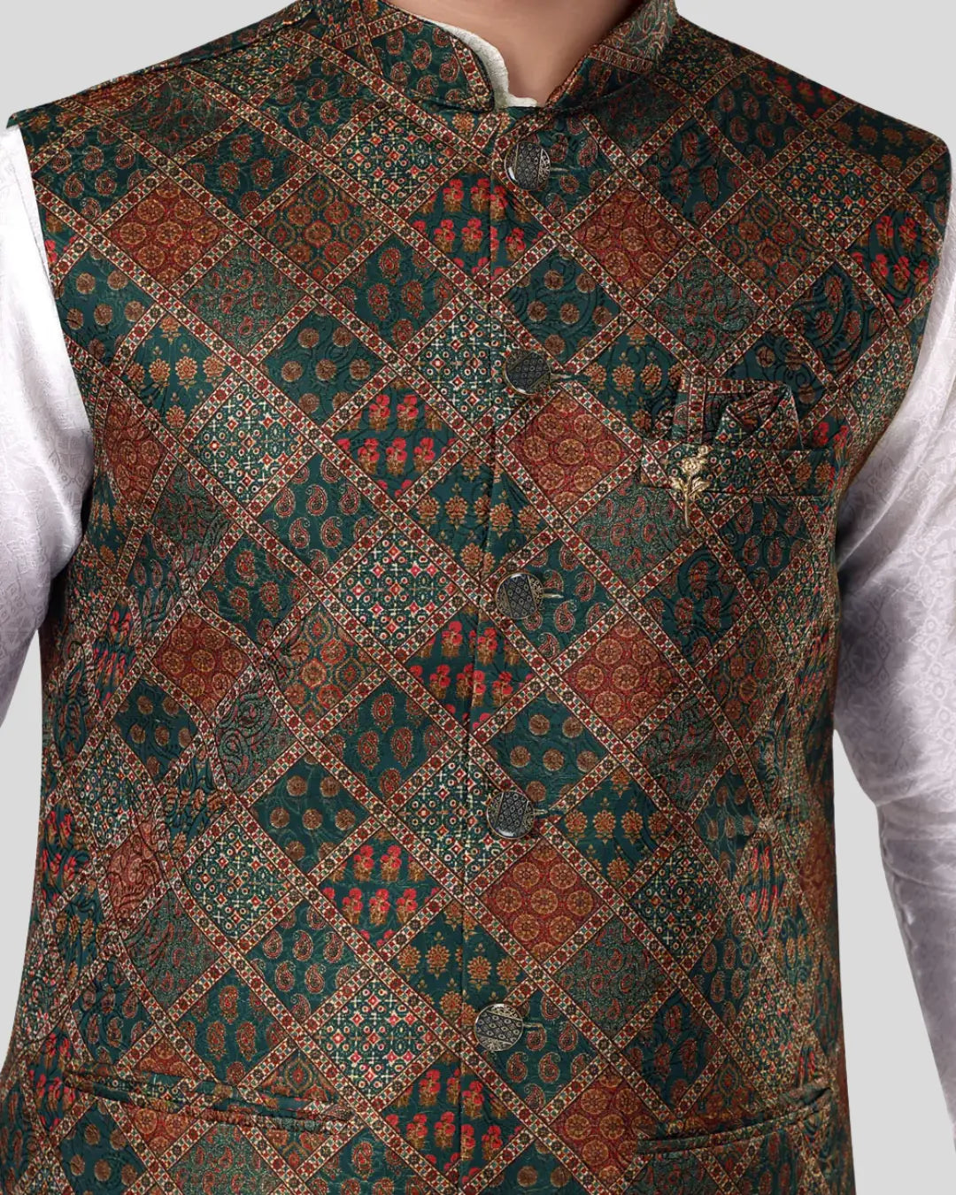 Mirage Teal Printed Mens Indian Waistcoat Indicoat