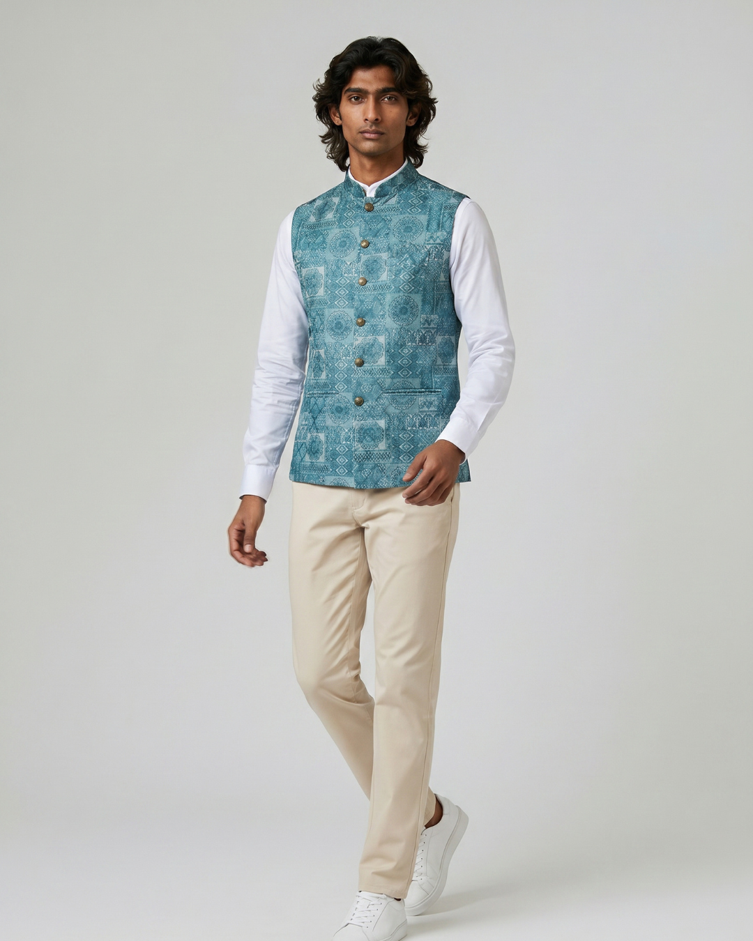 Bagh Ocean Blue Mosaic Style Mens Indian Waistcoat