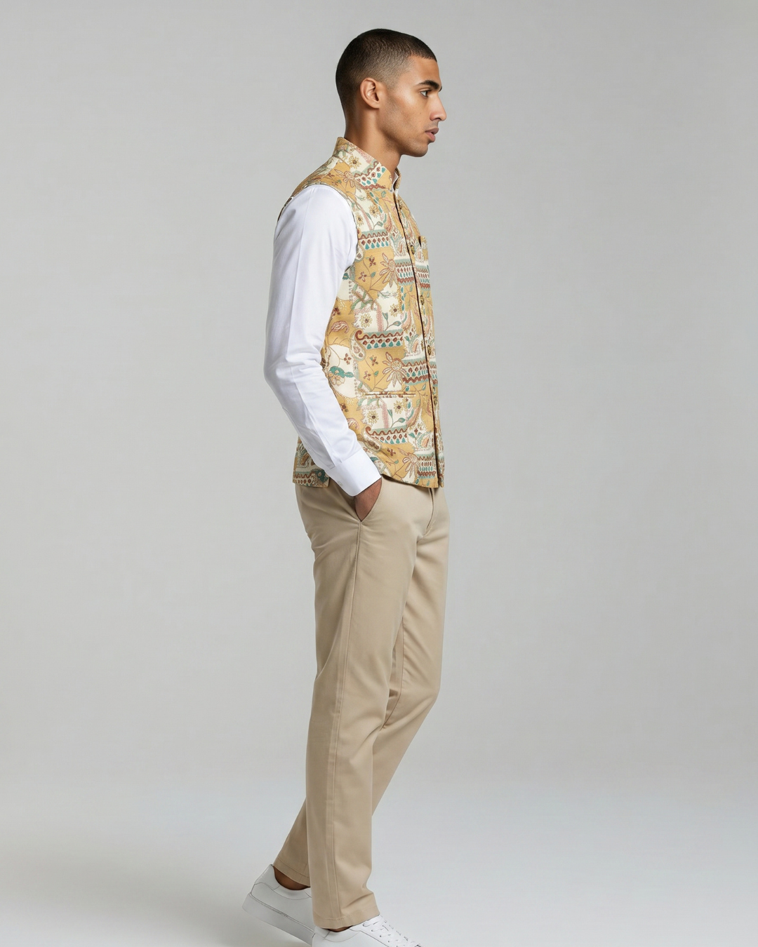 Sundar Garden Yellow Printed Floral Mens Indian Waistcoat