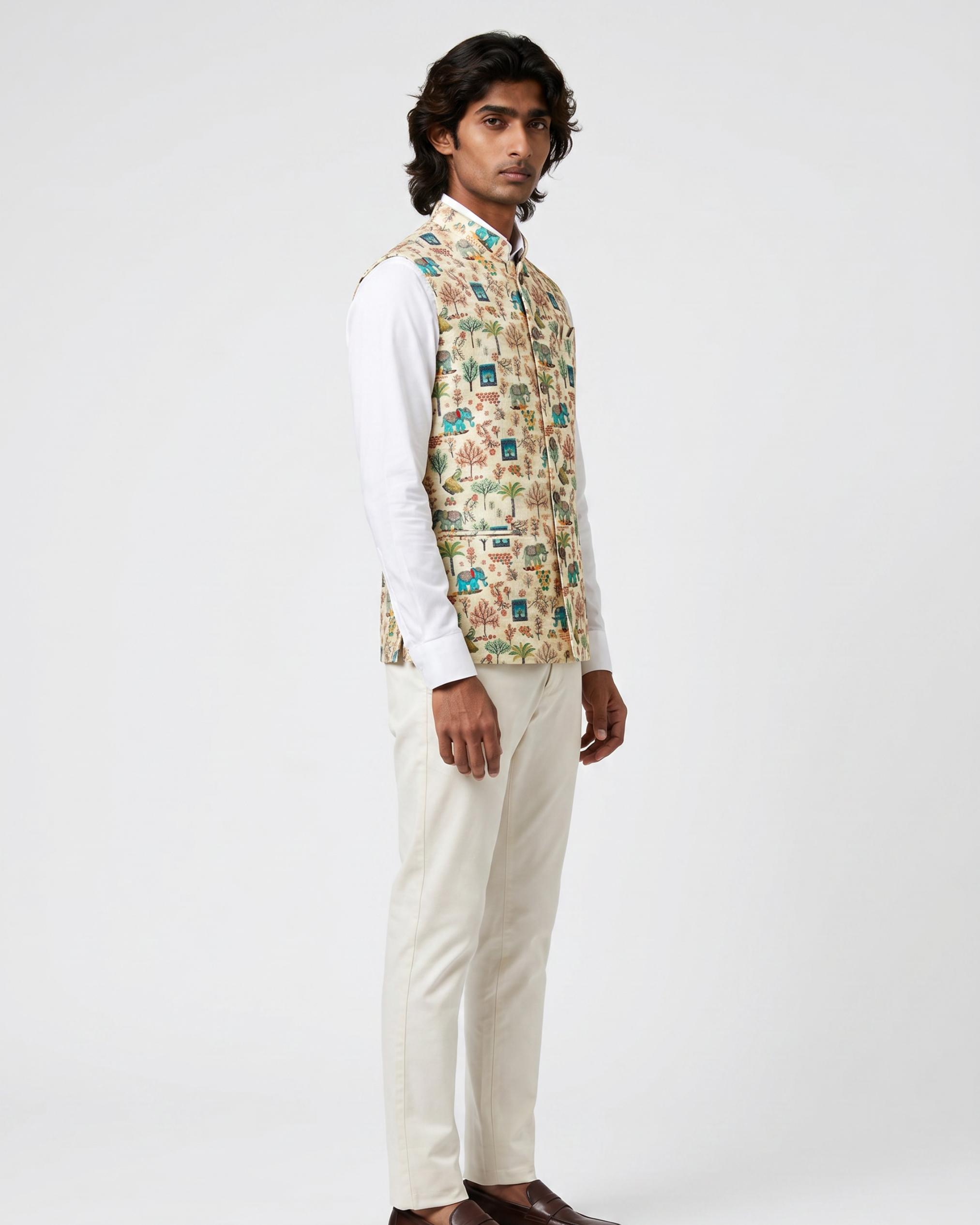 Haathi Ivory Printed Design Mens Indian Waistcoat