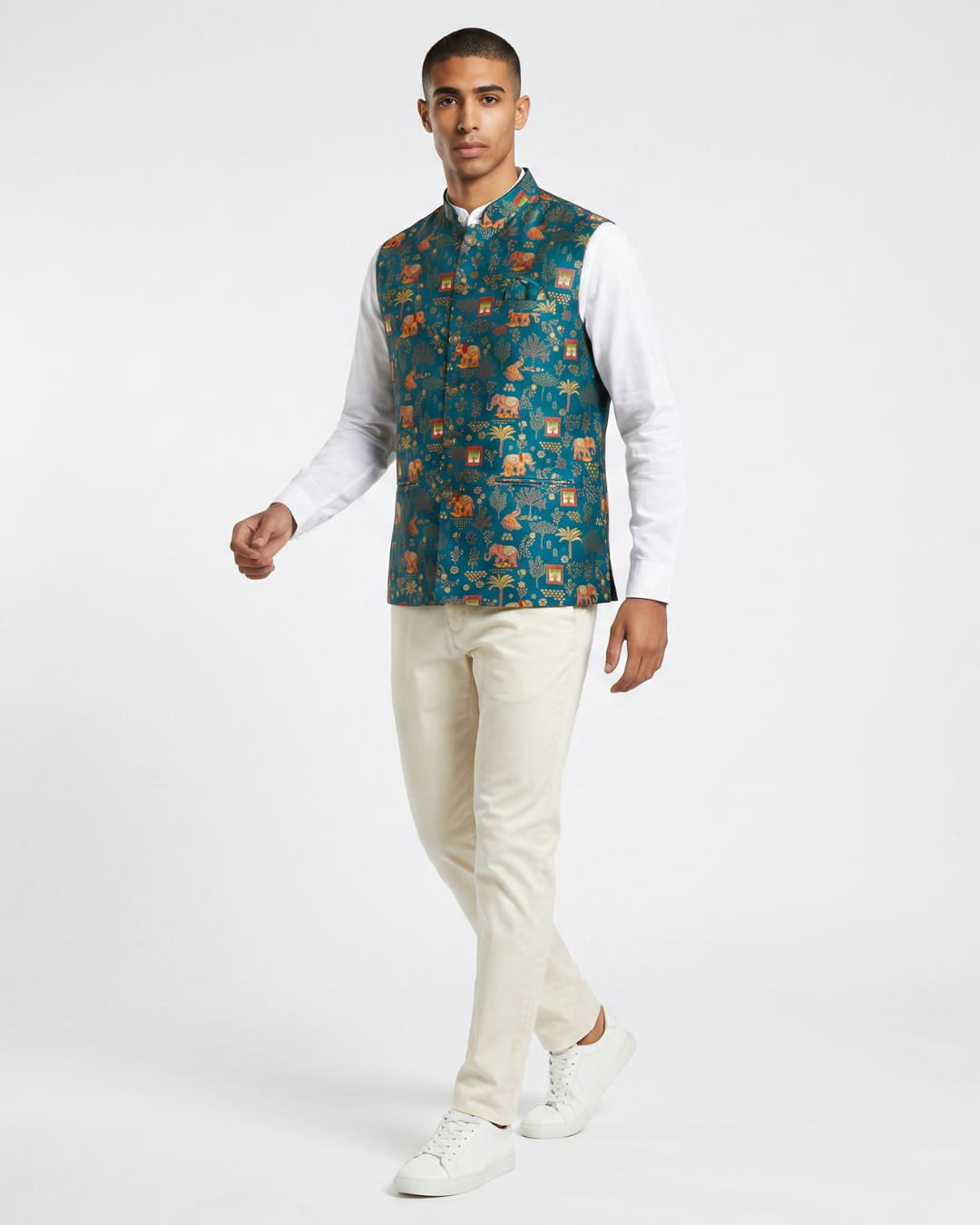 Haathi Royal Blue Printed Design Mens Indian Waistcoat