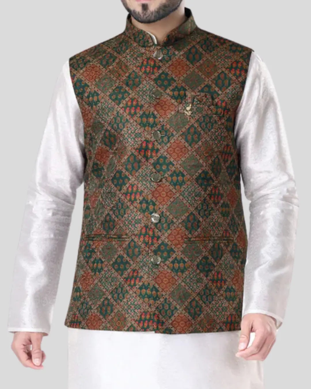 Mirage Teal Printed Mens Indian Waistcoat Indicoat