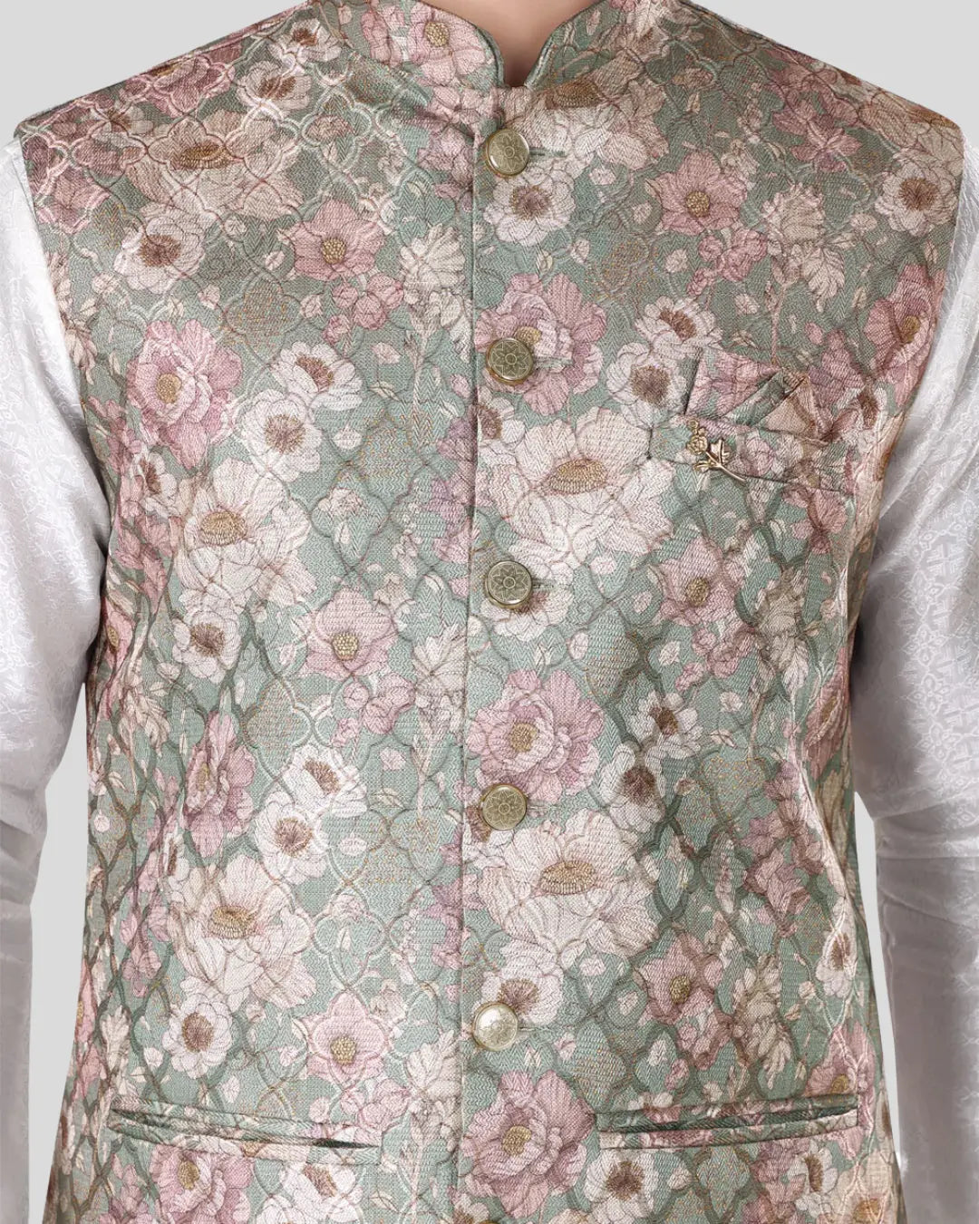 Sage Bloom Floral Mens Indian Waistcoat Indicoat