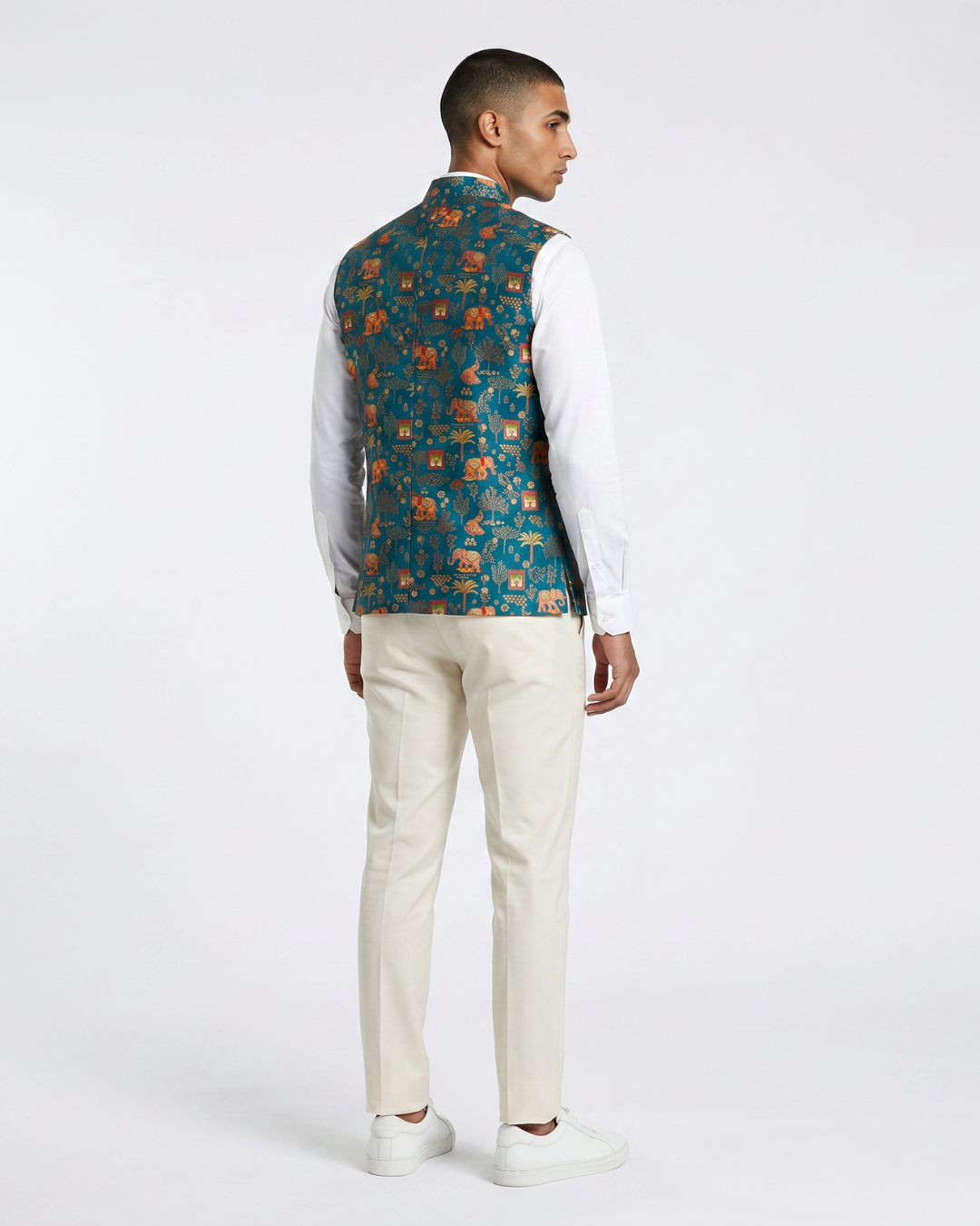 Haathi Royal Blue Printed Design Mens Indian Waistcoat