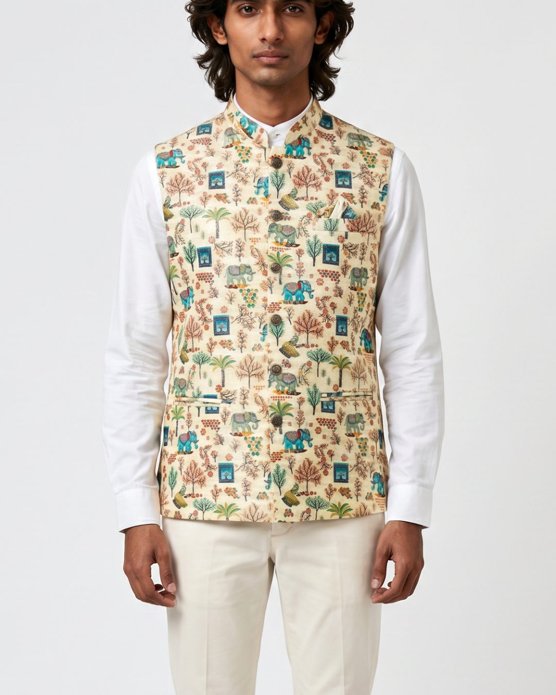 Haathi Ivory Printed Design Mens Indian Waistcoat