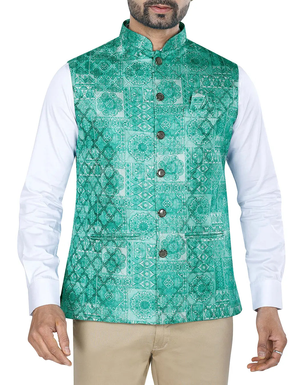 Bagh Sea Green Mosaic Style Mens Indian Waistcoat Indicoat