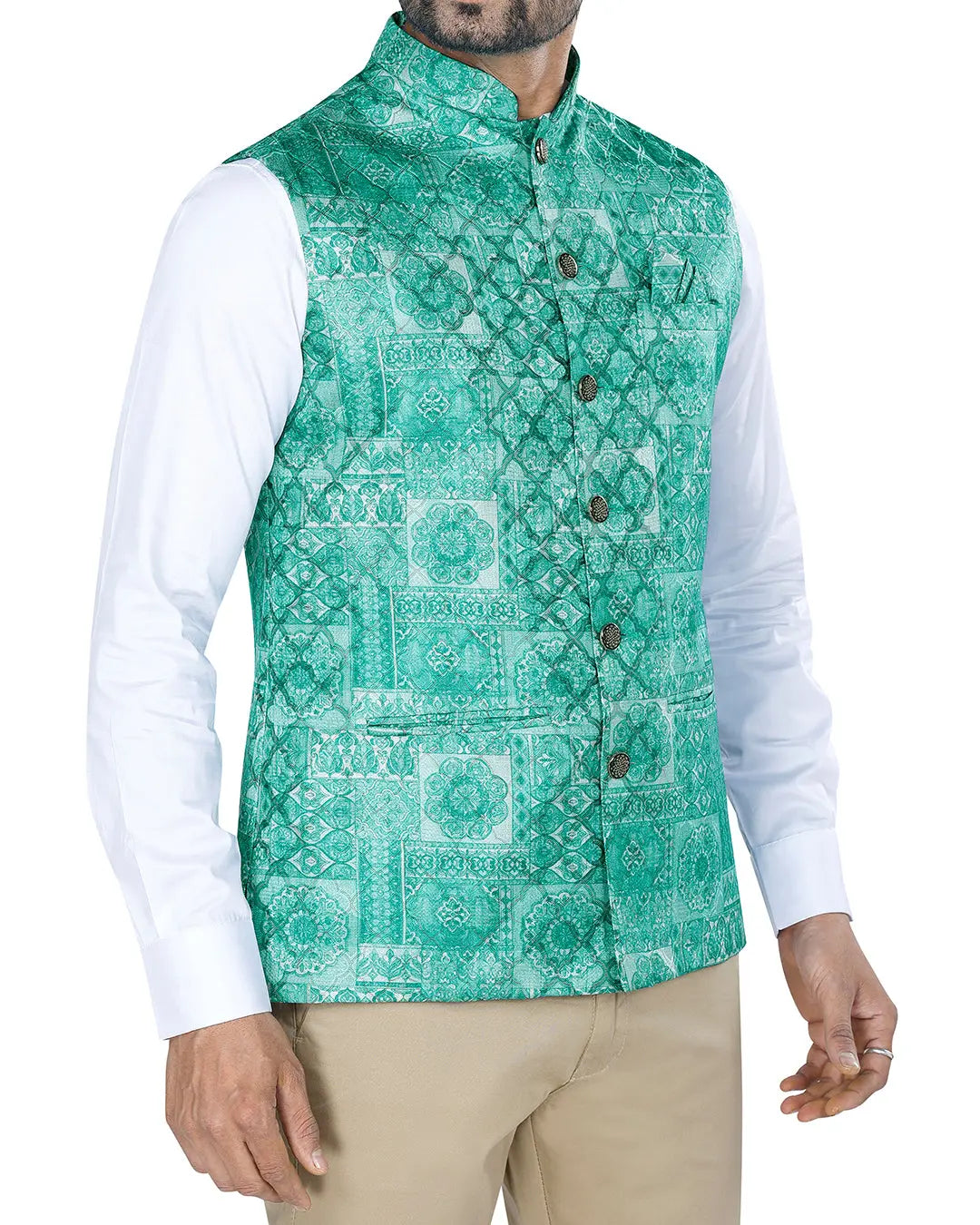 Bagh Sea Green Mosaic Style Mens Indian Waistcoat Indicoat