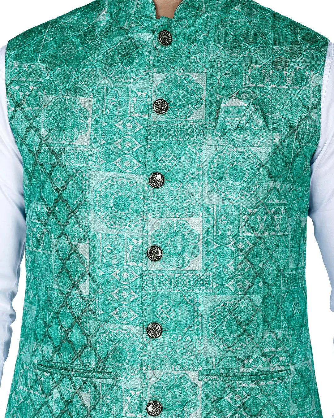 Bagh Sea Green Mosaic Style Mens Indian Waistcoat Indicoat