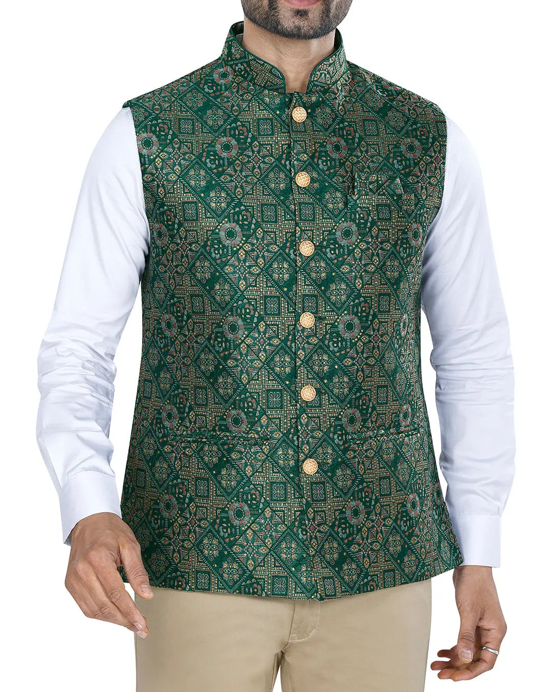 Vana Green Printed Design Mens Indian Waistcoat Indicoat
