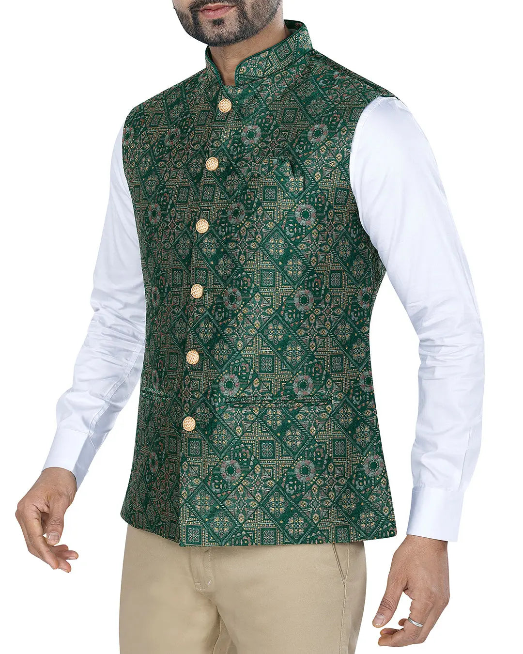 Vana Green Printed Design Mens Indian Waistcoat Indicoat