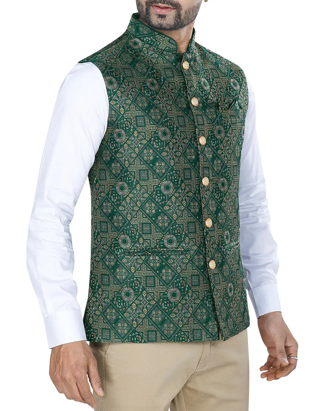 Vana Green Printed Design Mens Indian Waistcoat Indicoat