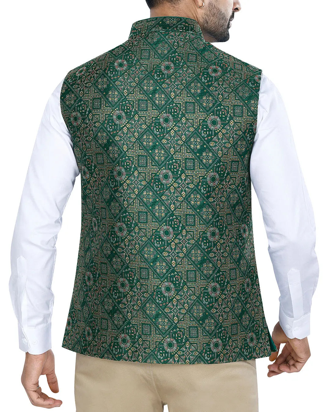 Vana Green Printed Design Mens Indian Waistcoat Indicoat