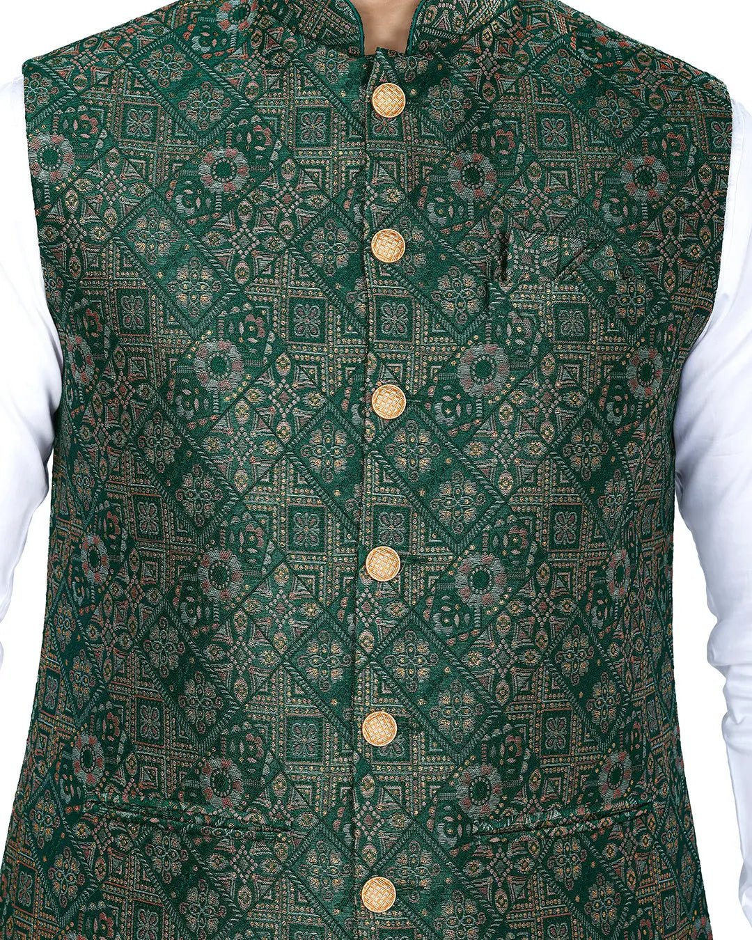Vana Green Printed Design Mens Indian Waistcoat Indicoat