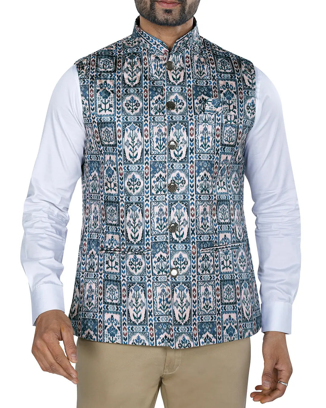 Raj Ikat Blue Patterned Mens Indian Waistcoat Indicoat