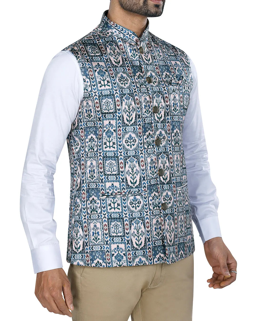 Raj Ikat Blue Patterned Mens Indian Waistcoat Indicoat