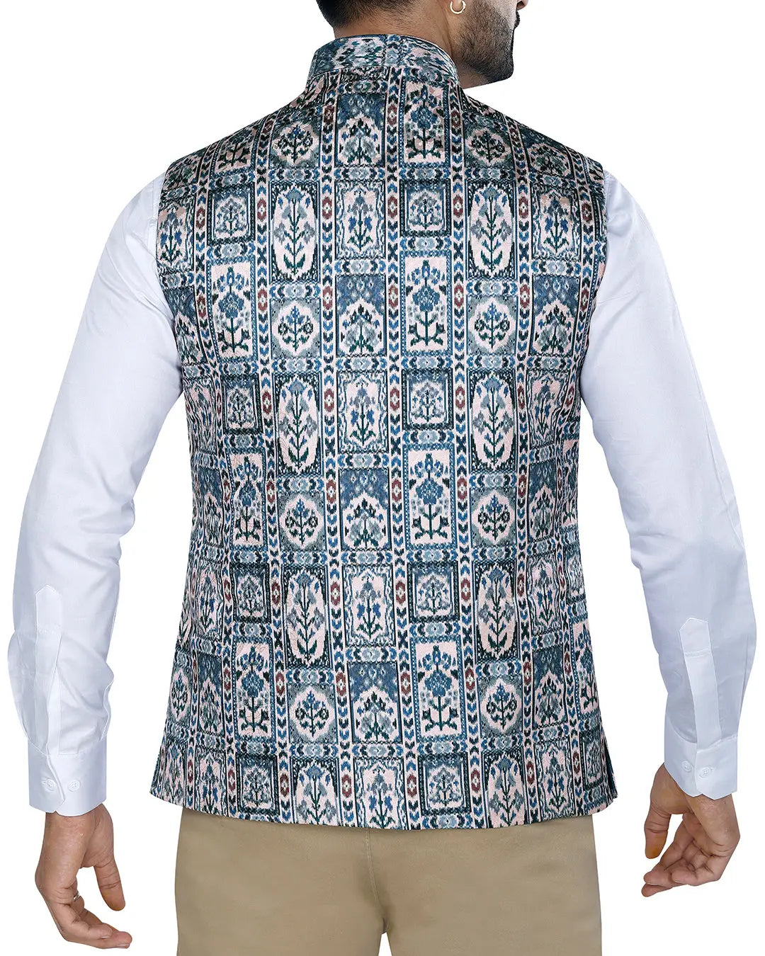 Raj Ikat Blue Patterned Mens Indian Waistcoat Indicoat