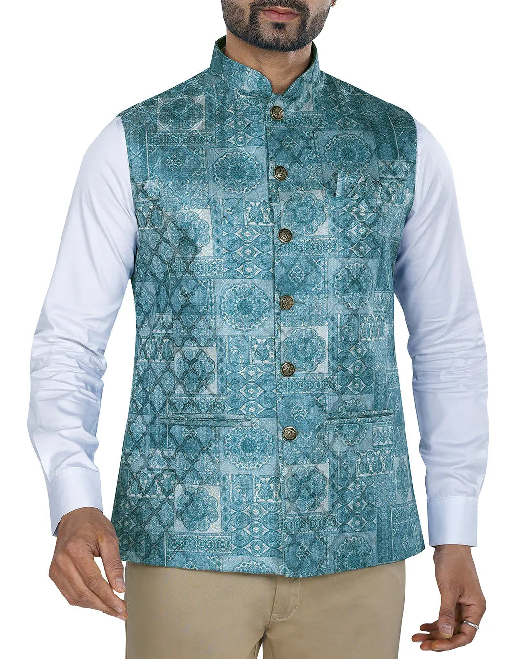 Bagh Ocean Blue Mosaic Style Mens Indian Waistcoat Indicoat