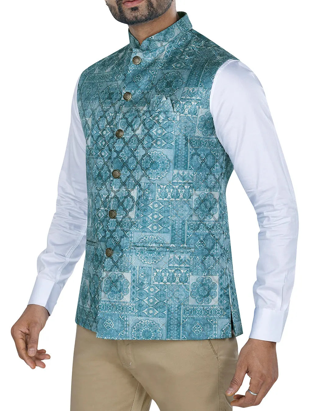 Bagh Ocean Blue Mosaic Style Mens Indian Waistcoat Indicoat
