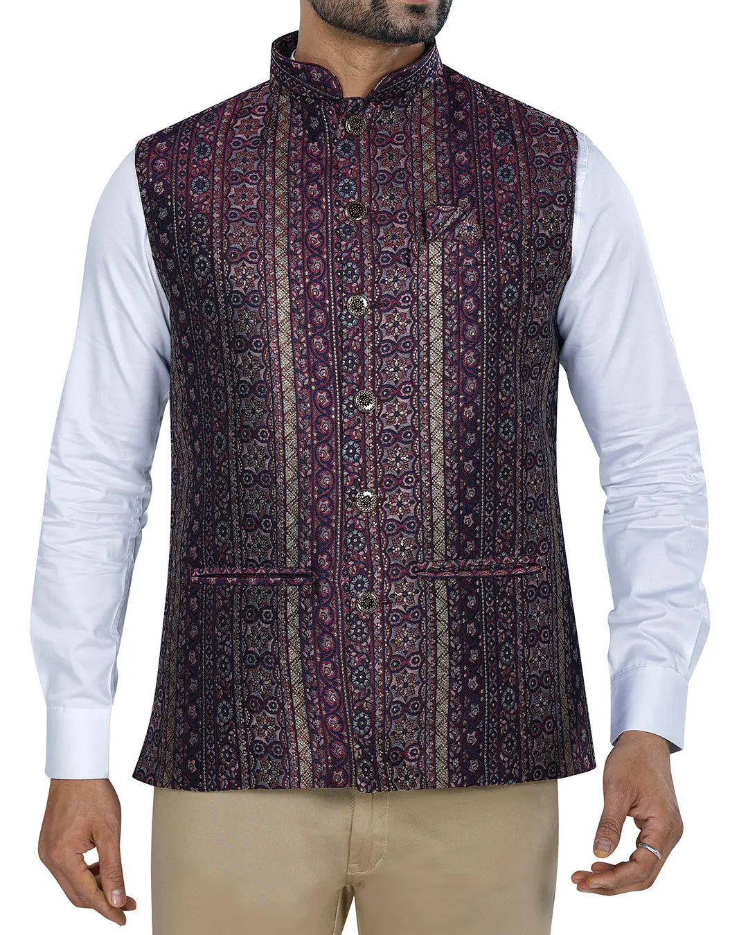 Samrat Purple Printed Mens Indian Waistcoat Indicoat