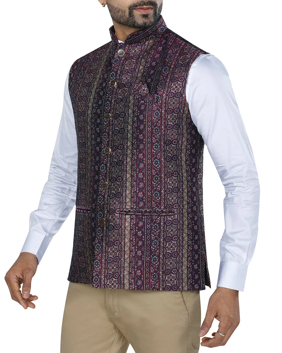 Samrat Purple Printed Mens Indian Waistcoat Indicoat