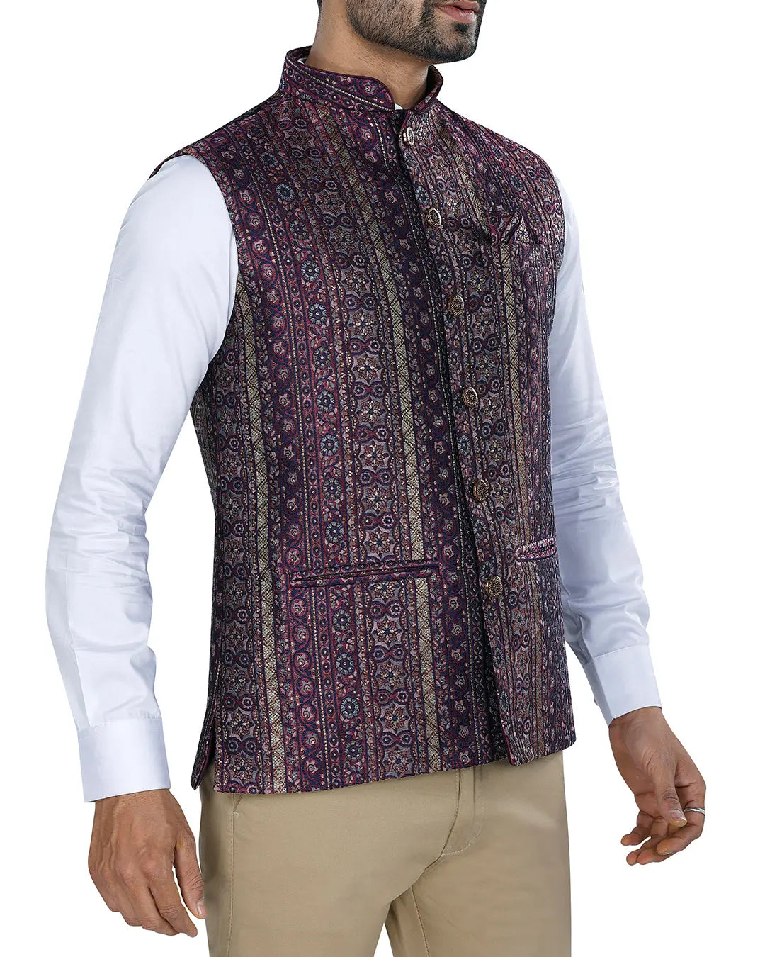 Samrat Purple Printed Mens Indian Waistcoat Indicoat