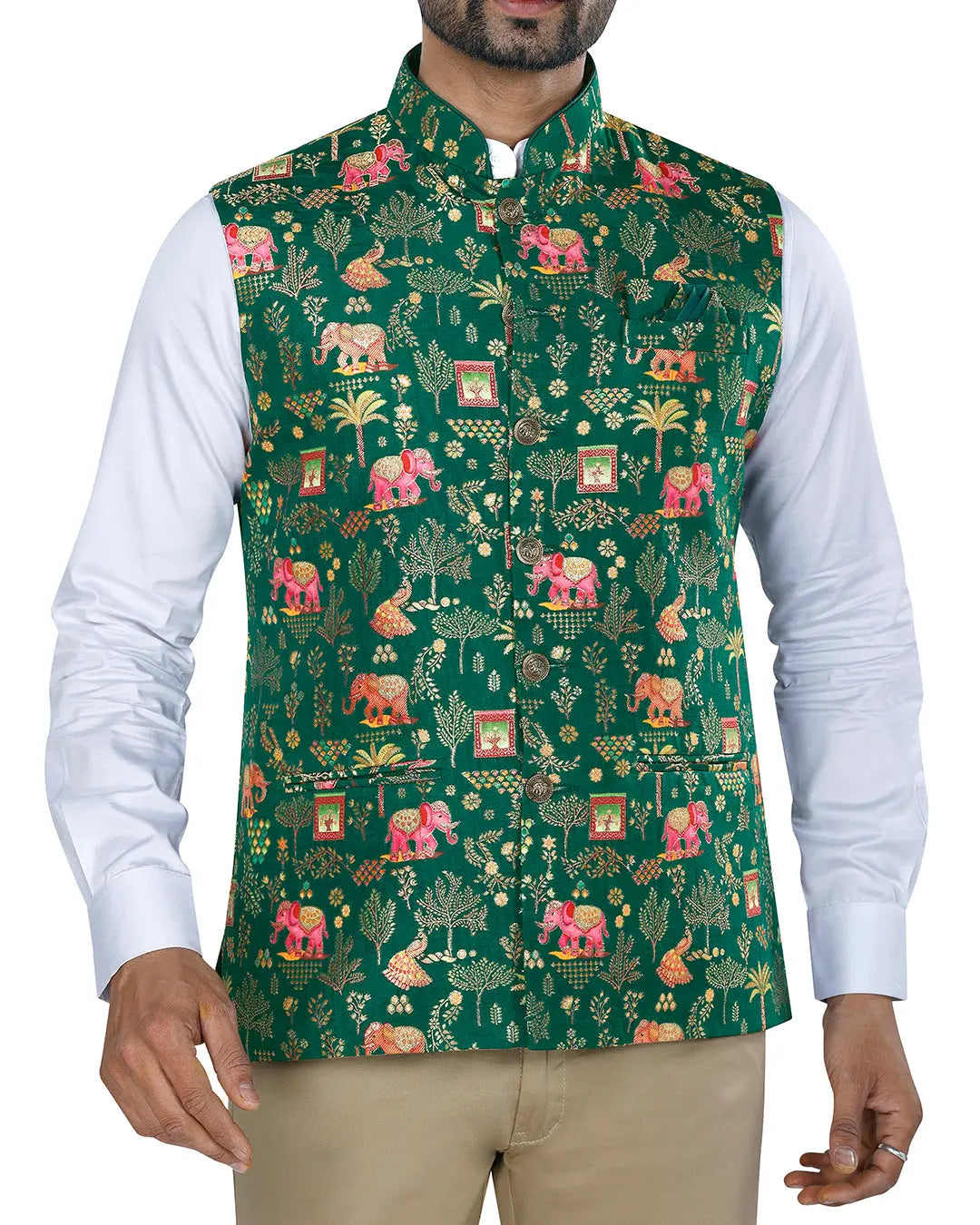 Haathi Forest Green Mens Indian Waistcoat Indicoat