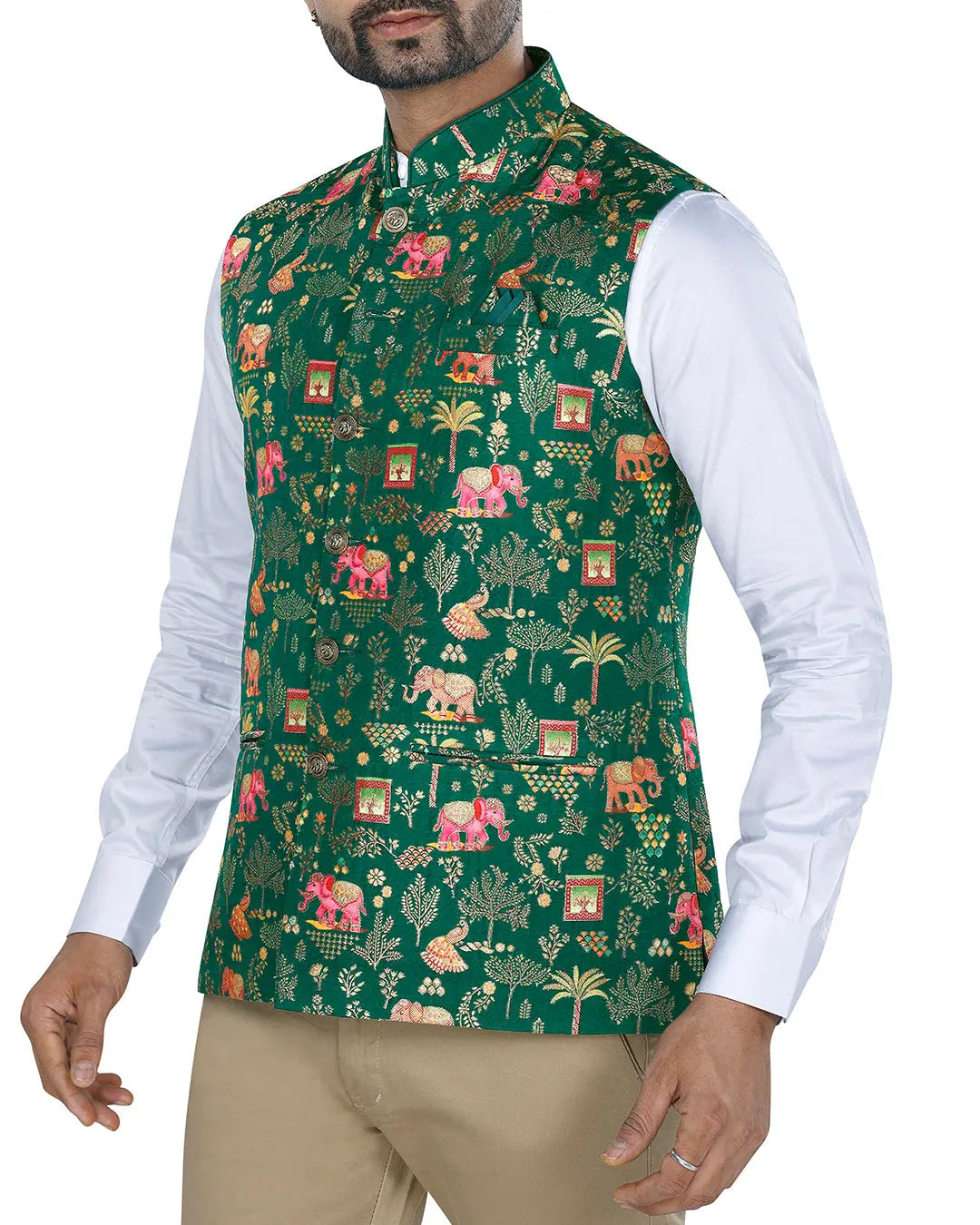 Haathi Forest Green Mens Indian Waistcoat Indicoat