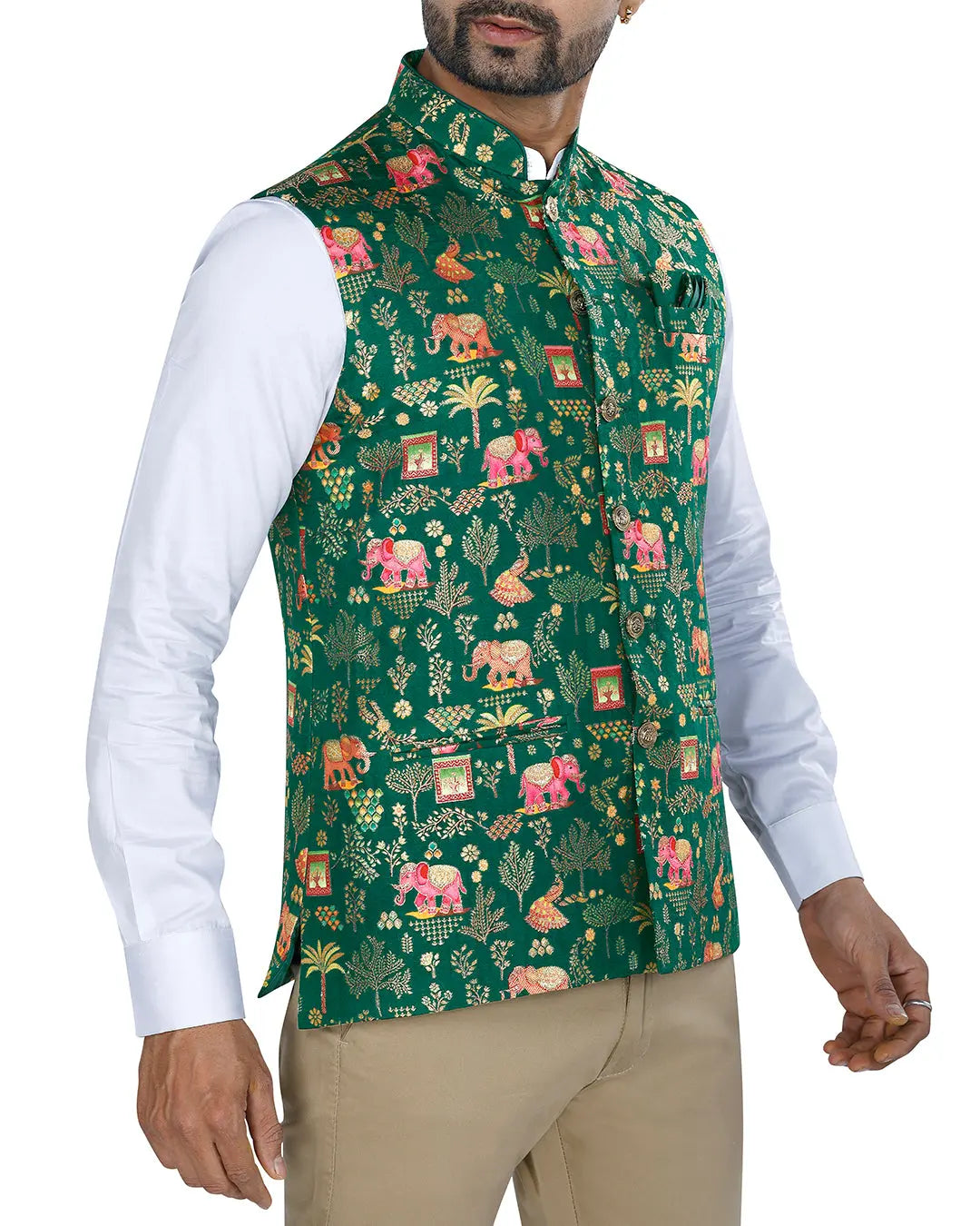 Haathi Forest Green Mens Indian Waistcoat Indicoat