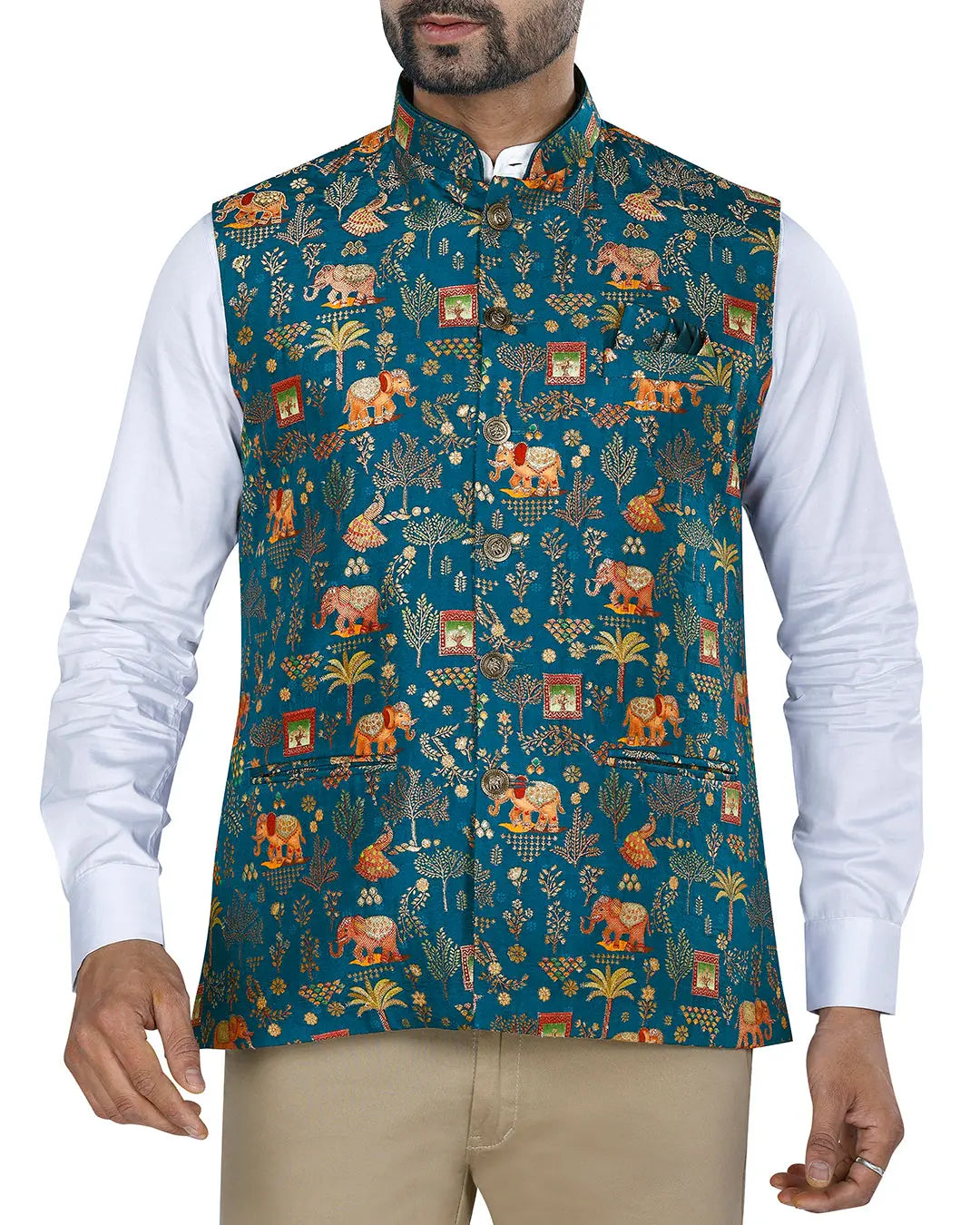 Haathi Royal Blue Printed Design Mens Indian Waistcoat Indicoat