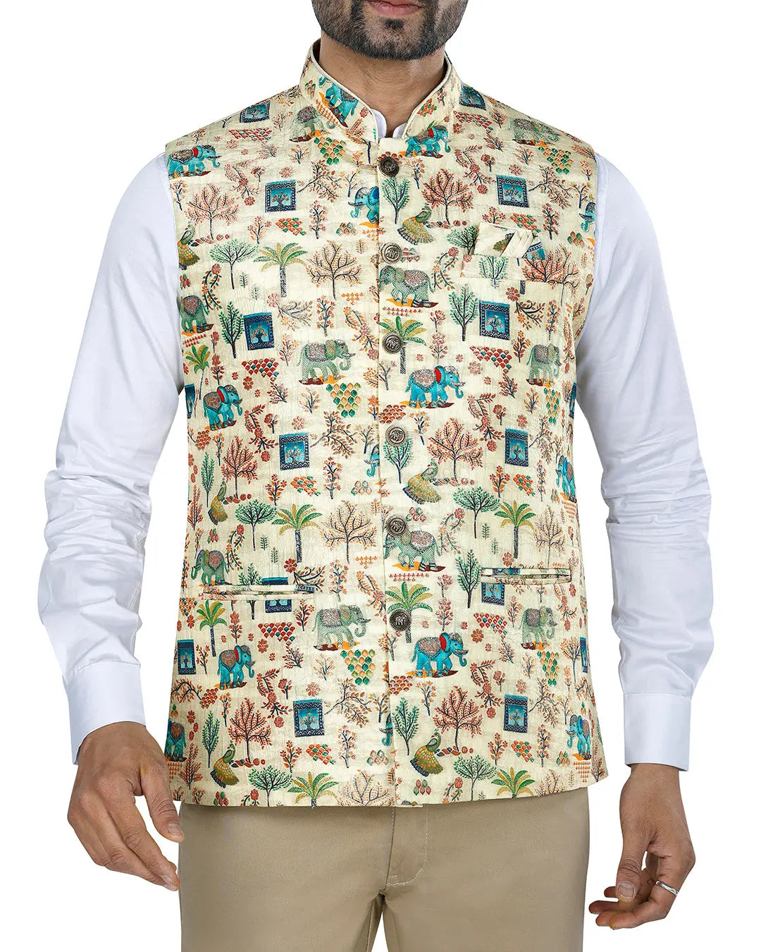 Haathi Ivory Printed Design Mens Indian Waistcoat Indicoat